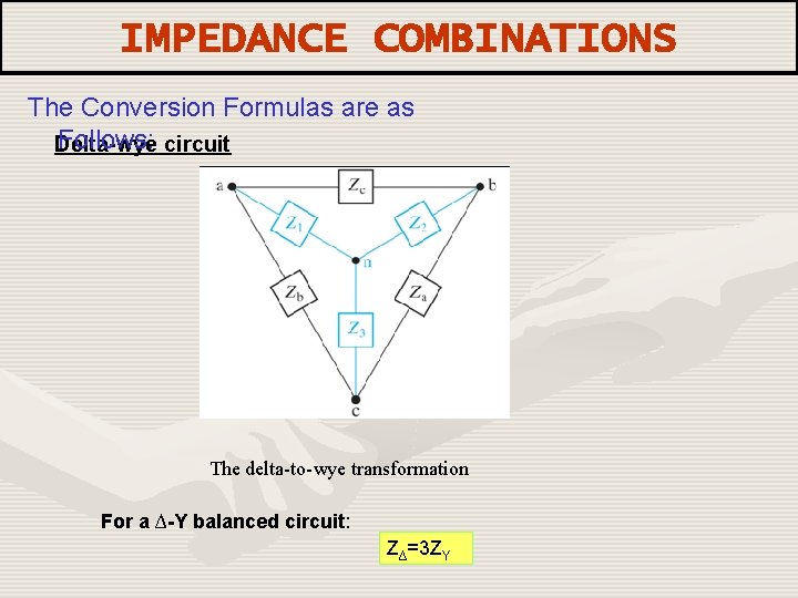 IMPEDANCE COMBINATIONS The Conversion Formulas are as Follows: circuit Delta-wye The delta-to-wye transformation For