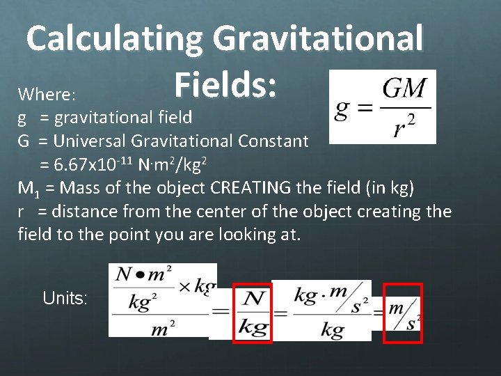 Calculating Gravitational Fields: Where: g = gravitational field G = Universal Gravitational Constant =