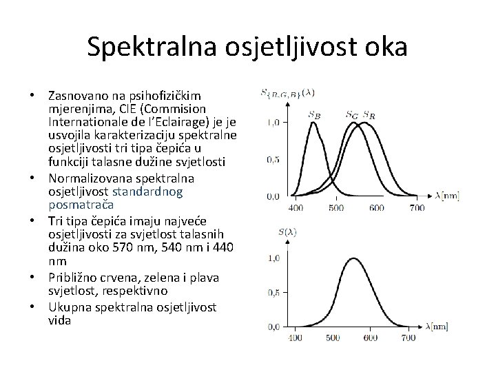 Spektralna osjetljivost oka • Zasnovano na psihofizičkim mjerenjima, CIE (Commision Internationale de I’Eclairage) je