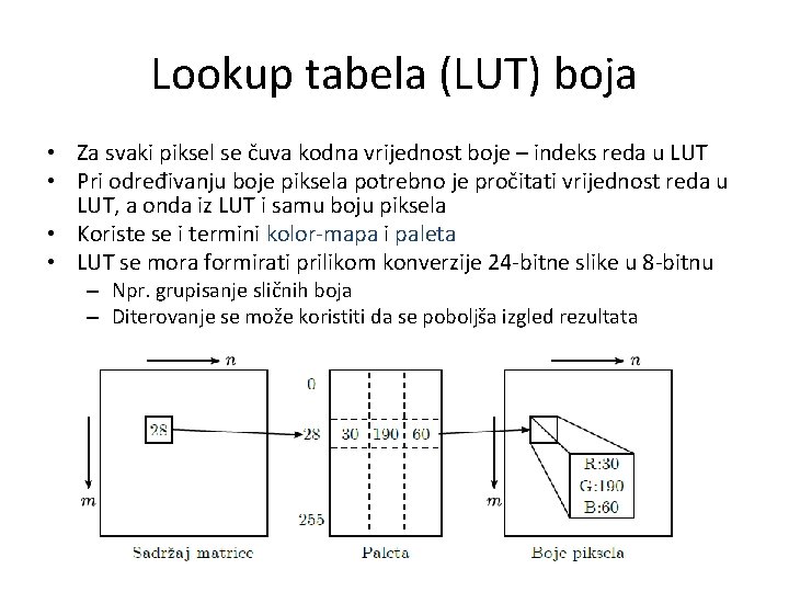 Lookup tabela (LUT) boja • Za svaki piksel se čuva kodna vrijednost boje –