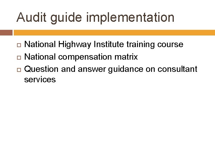 Audit guide implementation National Highway Institute training course National compensation matrix Question and answer