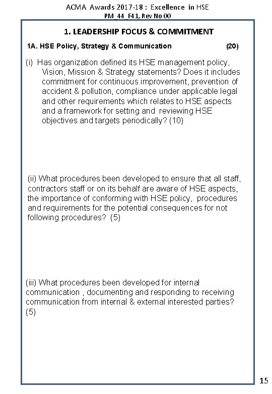ACMA Awards 2017 -18 : Excellence in HSE PM_44_F 41, Rev No 00 1.