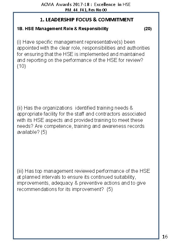 ACMA Awards 2017 -18 : Excellence in HSE PM_44_F 41, Rev No 00 1.