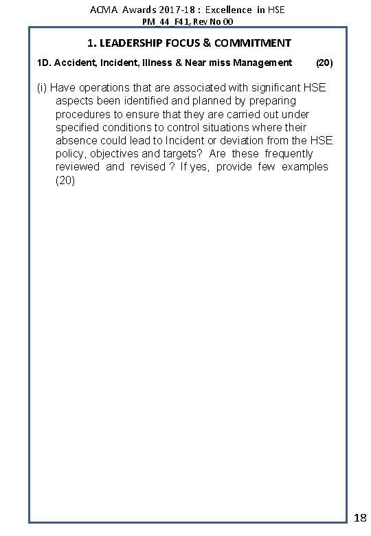 ACMA Awards 2017 -18 : Excellence in HSE PM_44_F 41, Rev No 00 1.