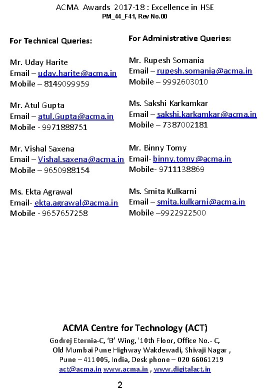 ACMA Awards 2017 -18 : Excellence in HSE PM_44_F 41, Rev No. 00 For