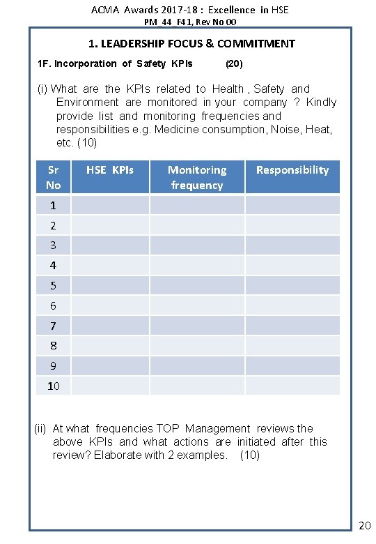 ACMA Awards 2017 -18 : Excellence in HSE PM_44_F 41, Rev No 00 1.