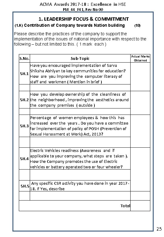 ACMA Awards 2017 -18 : Excellence in HSE PM_44_F 41, Rev No 00 1.