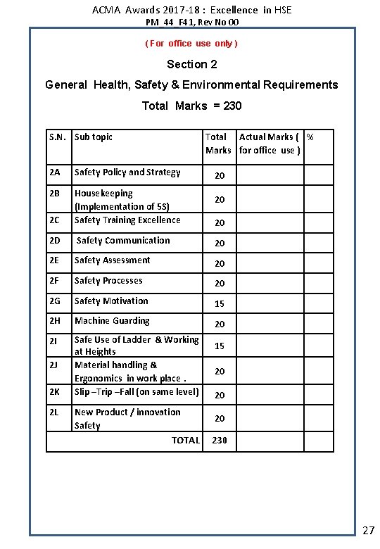 ACMA Awards 2017 -18 : Excellence in HSE PM_44_F 41, Rev No 00 (