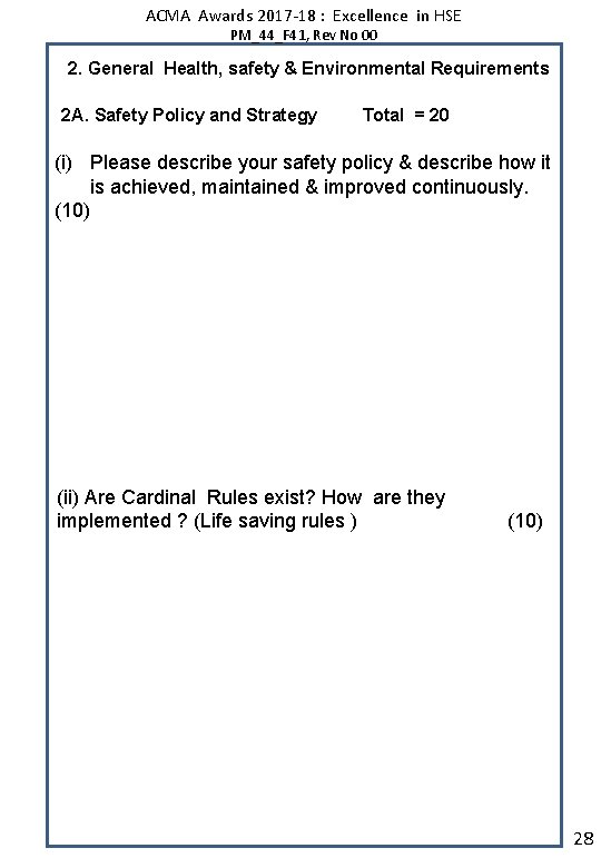 ACMA Awards 2017 -18 : Excellence in HSE PM_44_F 41, Rev No 00 2.