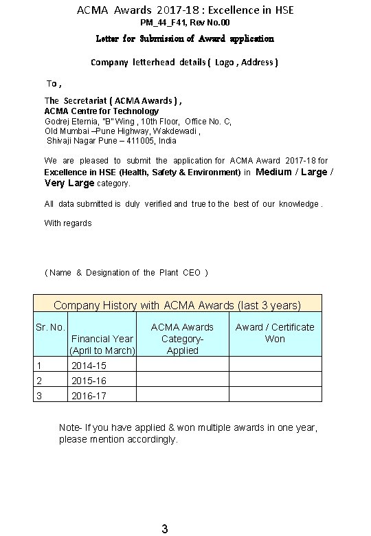 ACMA Awards 2017 -18 : Excellence in HSE PM_44_F 41, Rev No. 00 Letter