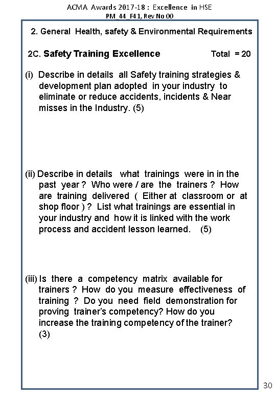 ACMA Awards 2017 -18 : Excellence in HSE PM_44_F 41, Rev No 00 2.