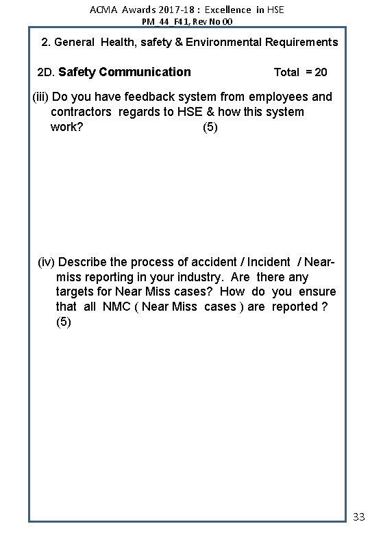 ACMA Awards 2017 -18 : Excellence in HSE PM_44_F 41, Rev No 00 2.