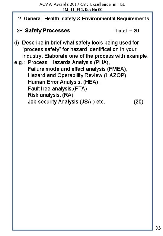 ACMA Awards 2017 -18 : Excellence in HSE PM_44_F 41, Rev No 00 2.