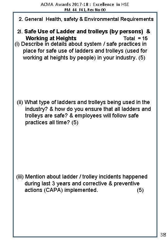 ACMA Awards 2017 -18 : Excellence in HSE PM_44_F 41, Rev No 00 2.