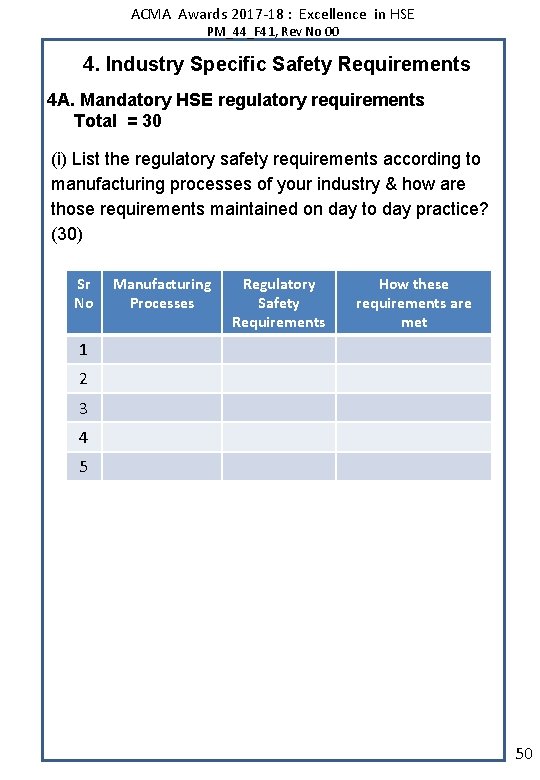 ACMA Awards 2017 -18 : Excellence in HSE PM_44_F 41, Rev No 00 4.