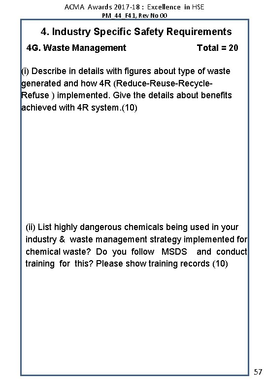 ACMA Awards 2017 -18 : Excellence in HSE PM_44_F 41, Rev No 00 4.