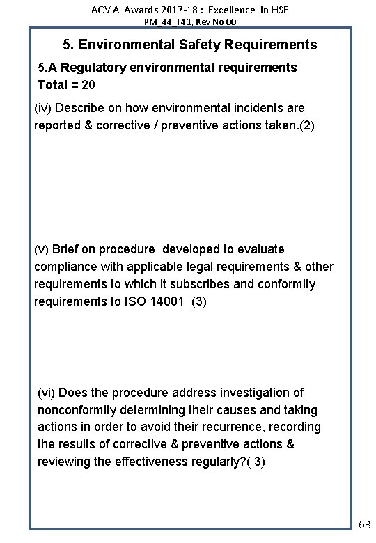 ACMA Awards 2017 -18 : Excellence in HSE PM_44_F 41, Rev No 00 5.