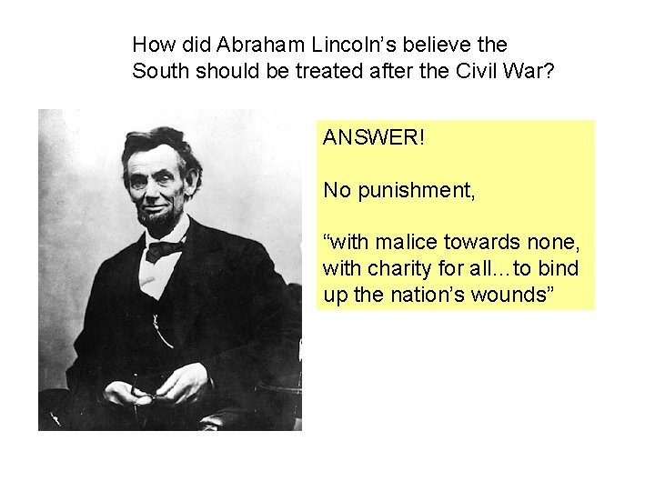 How did Abraham Lincoln’s believe the South should be treated after the Civil War? How did Abraham Lincoln’s believe the South should be treated after the Civil War?