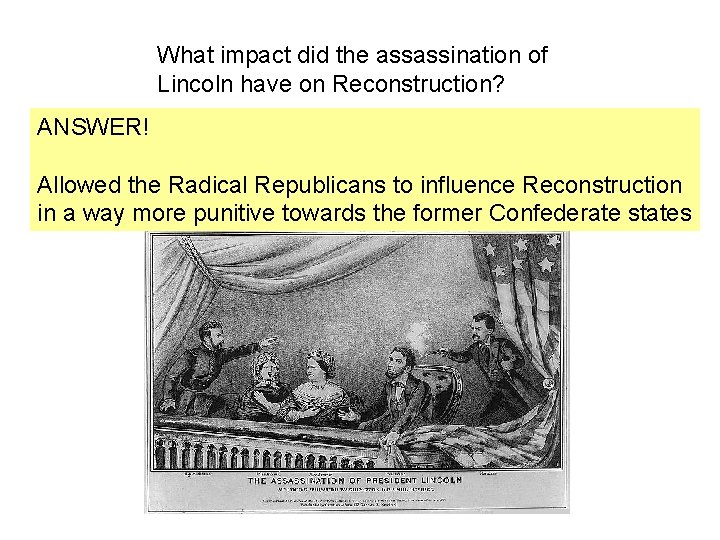 What impact did the assassination of Lincoln have on Reconstruction? ANSWER! Allowed the Radical What impact did the assassination of Lincoln have on Reconstruction? ANSWER! Allowed the Radical
