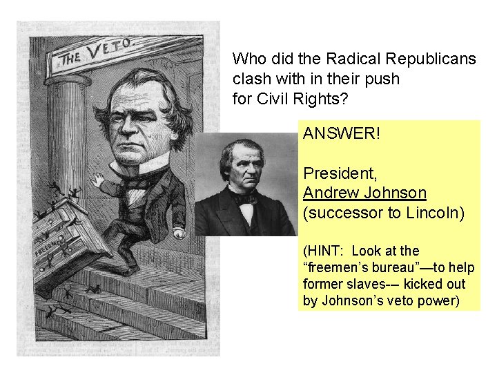 Who did the Radical Republicans clash with in their push for Civil Rights? ANSWER! Who did the Radical Republicans clash with in their push for Civil Rights? ANSWER!