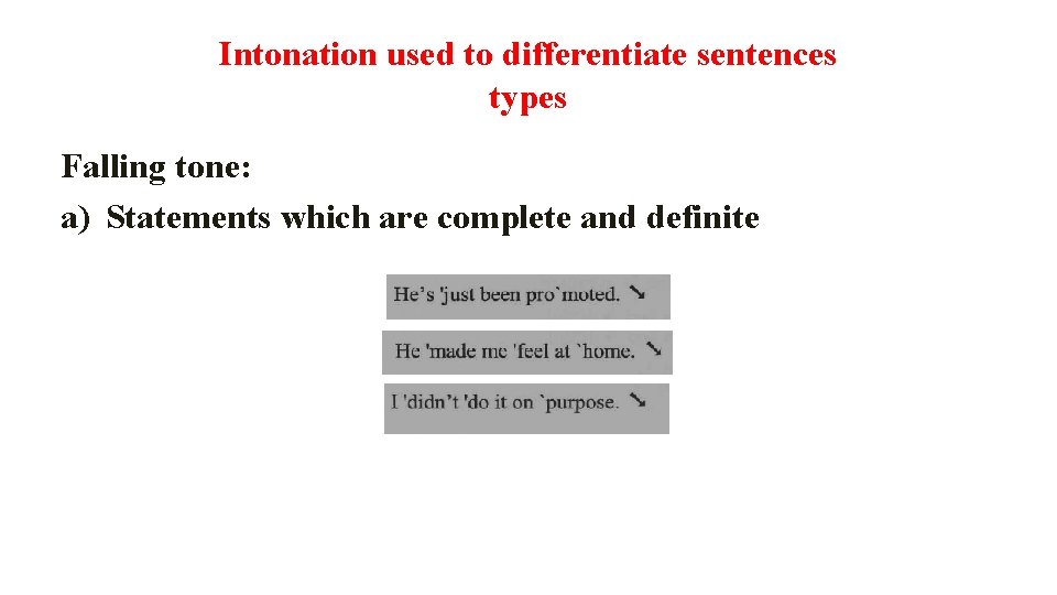 Intonation used to differentiate sentences types Falling tone: a) Statements which are complete and