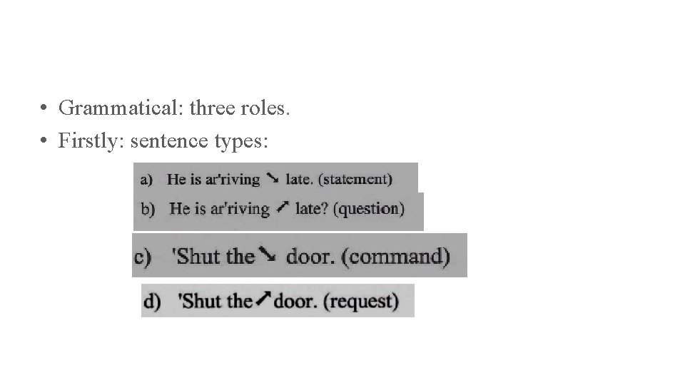  • Grammatical: three roles. • Firstly: sentence types: 