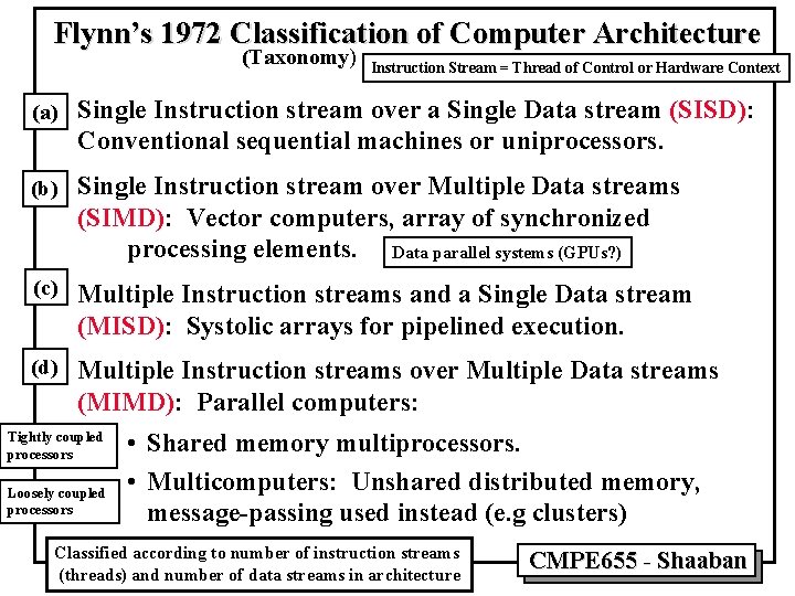 Flynn’s 1972 Classification of Computer Architecture (Taxonomy) Instruction Stream = Thread of Control or