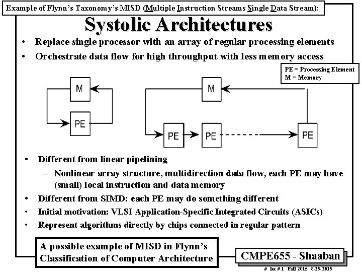 Example of Flynn’s Taxonomy’s MISD (Multiple Instruction Streams Single Data Stream): Systolic Architectures •