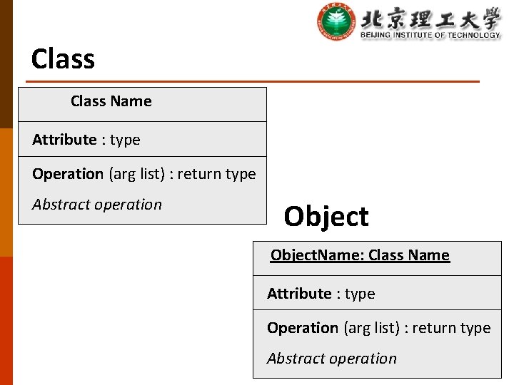 Class Name Attribute : type Operation (arg list) : return type Abstract operation Object.