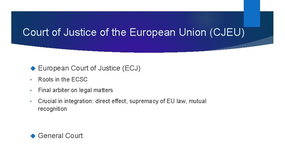 Court of Justice of the European Union (CJEU) European Court of Justice (ECJ) •