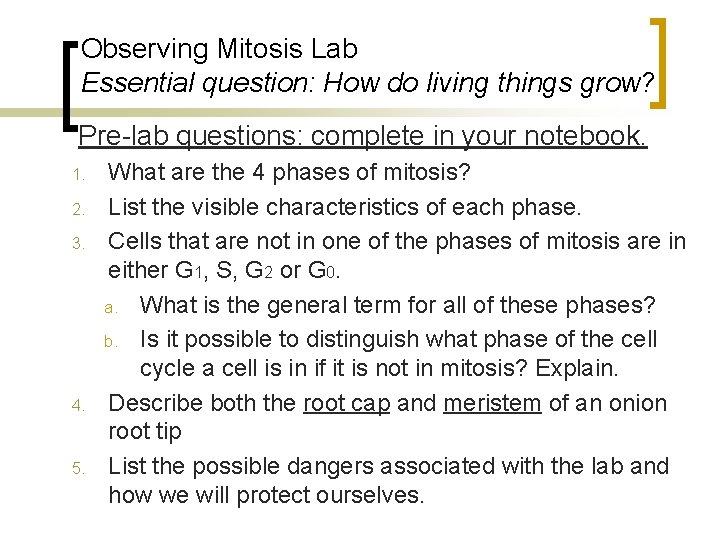Observing Mitosis Lab Essential question: How do living things grow? Pre-lab questions: complete in