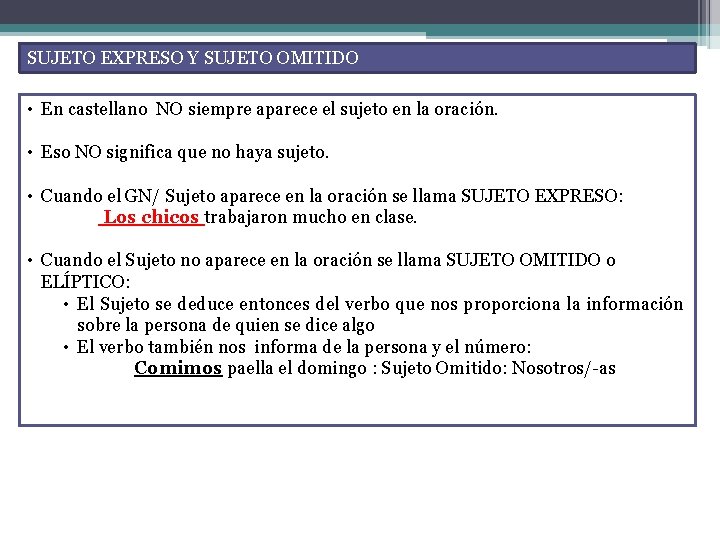 SUJETO EXPRESO Y SUJETO OMITIDO • En castellano NO siempre aparece el sujeto en