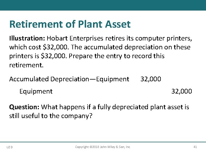 Retirement of Plant Asset Illustration: Hobart Enterprises retires its computer printers, which cost $32,