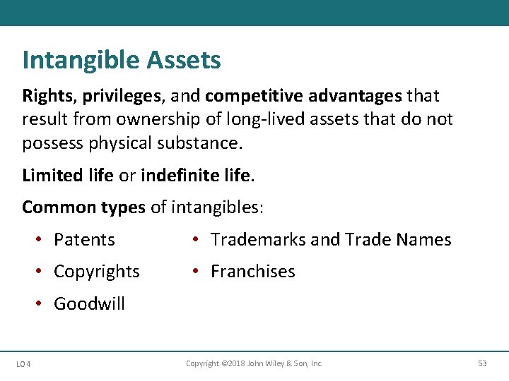 Intangible Assets Rights, privileges, and competitive advantages that result from ownership of long-lived assets