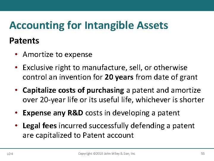 Accounting for Intangible Assets Patents • Amortize to expense • Exclusive right to manufacture,