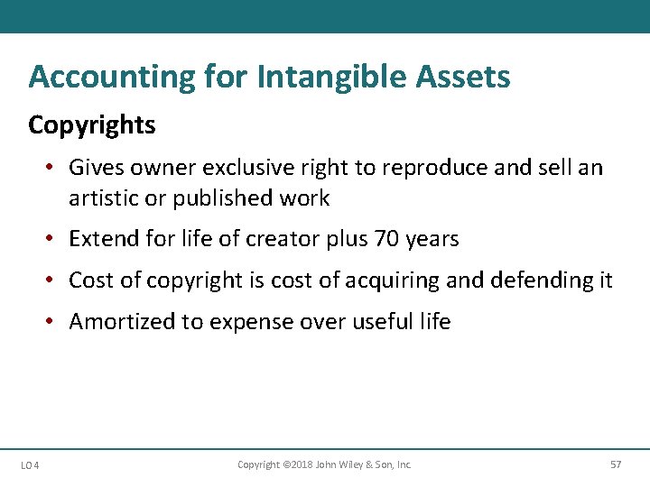 Accounting for Intangible Assets Copyrights • Gives owner exclusive right to reproduce and sell