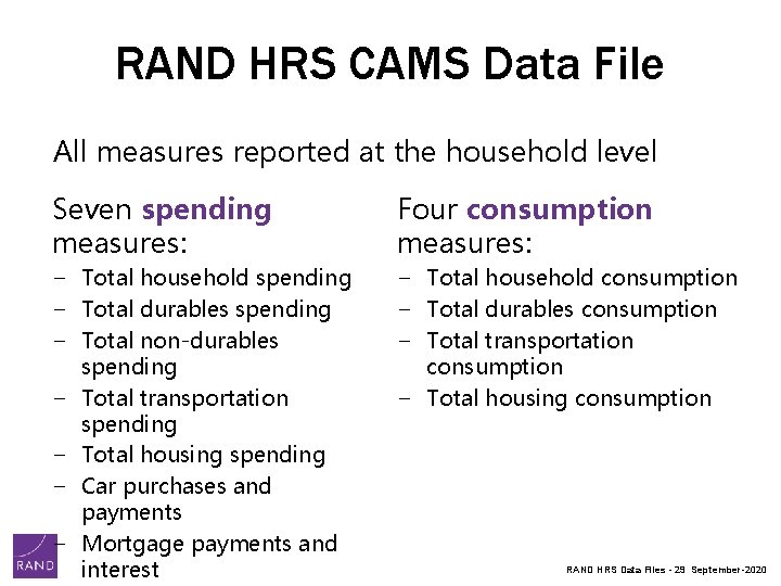 RAND HRS CAMS Data File All measures reported at the household level Seven spending RAND HRS CAMS Data File All measures reported at the household level Seven spending