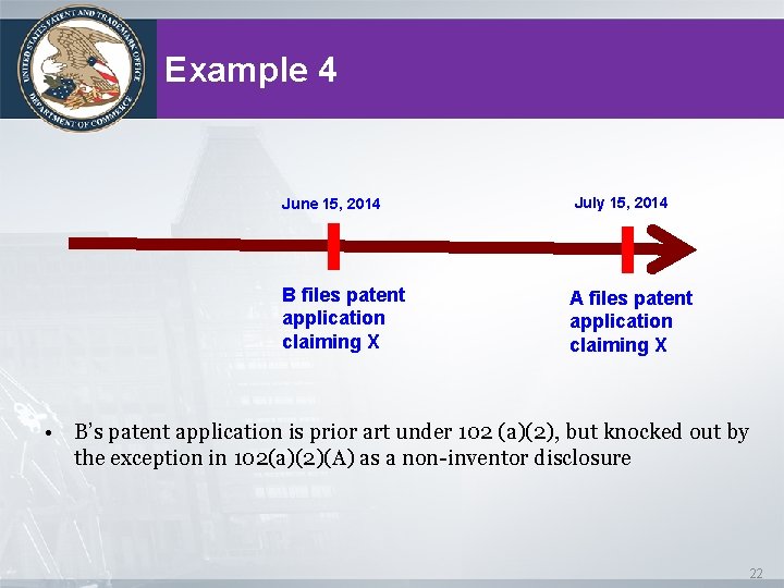 Example 4 June 15, 2014 B files patent application claiming X July 15, 2014