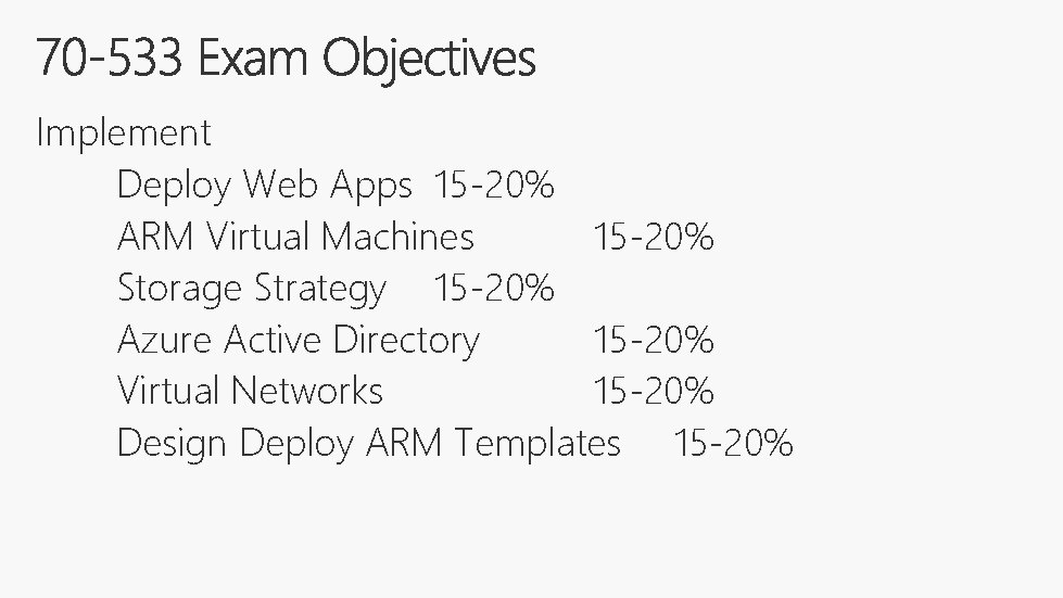 Implement Deploy Web Apps 15 -20% ARM Virtual Machines 15 -20% Storage Strategy 15