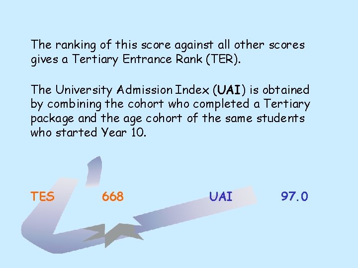 The ranking of this score against all other scores gives a Tertiary Entrance Rank The ranking of this score against all other scores gives a Tertiary Entrance Rank
