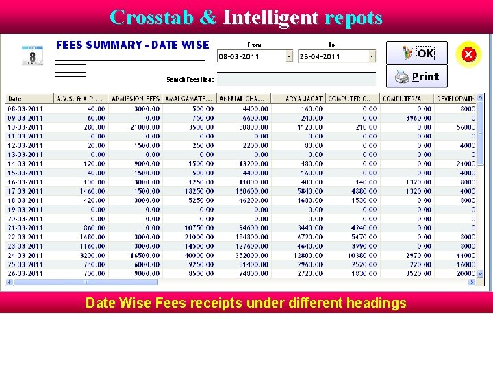 Crosstab & Intelligent repots Date Wise Fees receipts under different headings 