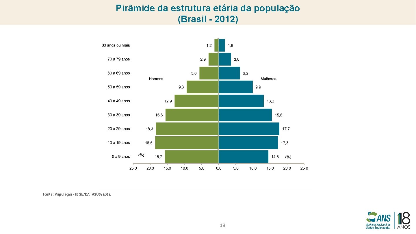 Pirâmide da estrutura etária da população (Brasil - 2012) Fonte: População - IBGE/DATASUS/2012 18