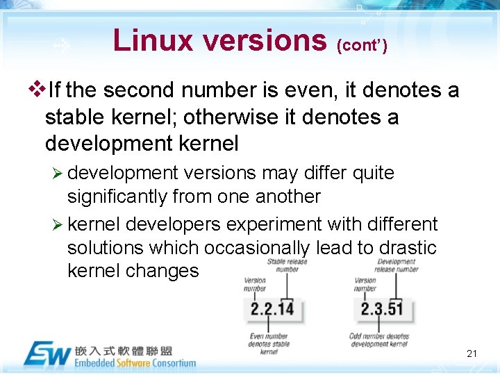 Linux versions (cont’) v. If the second number is even, it denotes a stable