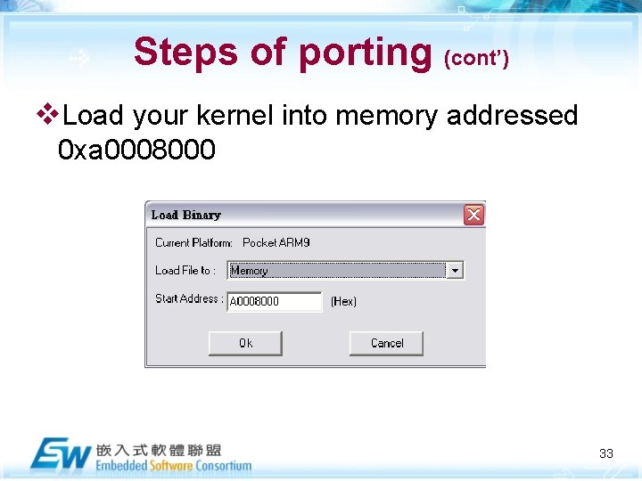 Steps of porting (cont’) v. Load your kernel into memory addressed 0 xa 0008000