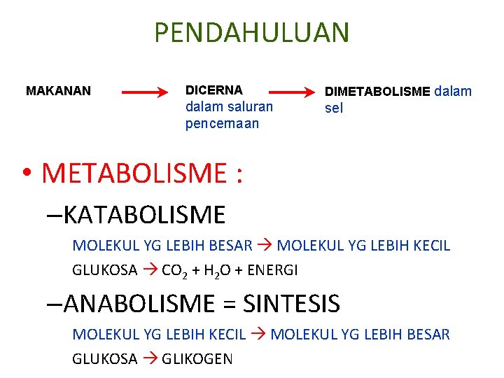 PENDAHULUAN MAKANAN DICERNA dalam saluran pencernaan DIMETABOLISME dalam sel • METABOLISME : –KATABOLISME MOLEKUL