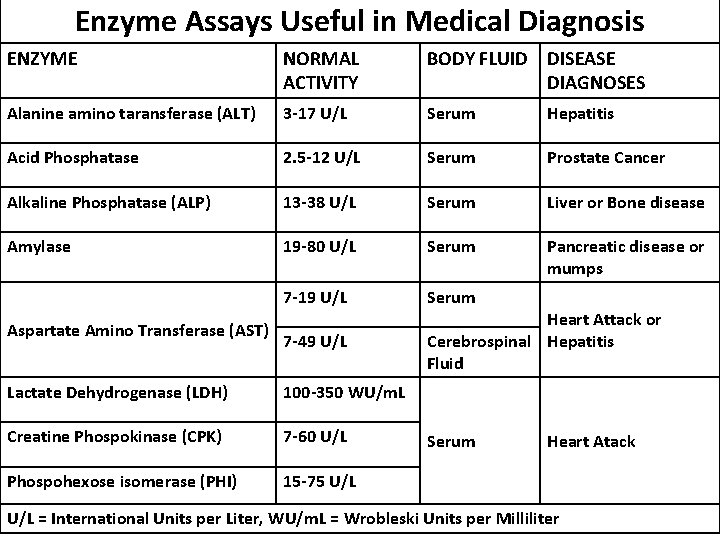 Enzyme Assays Useful in Medical Diagnosis ENZYME NORMAL ACTIVITY BODY FLUID DISEASE DIAGNOSES Alanine