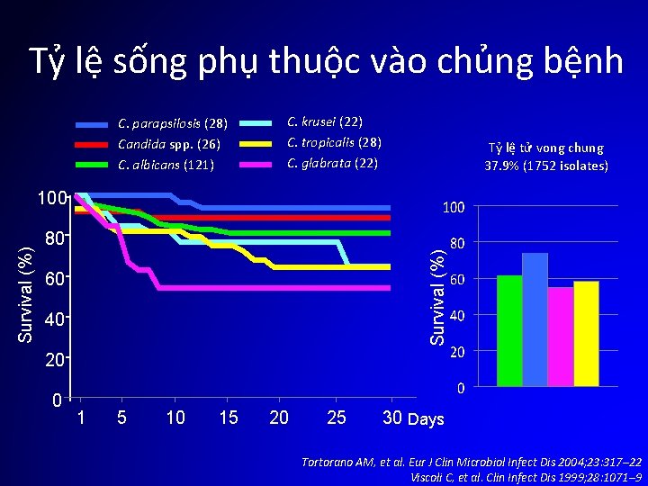 Tỷ lệ sống phụ thuộc vào chủng bệnh C. parapsilosis (28) Candida spp. (26)