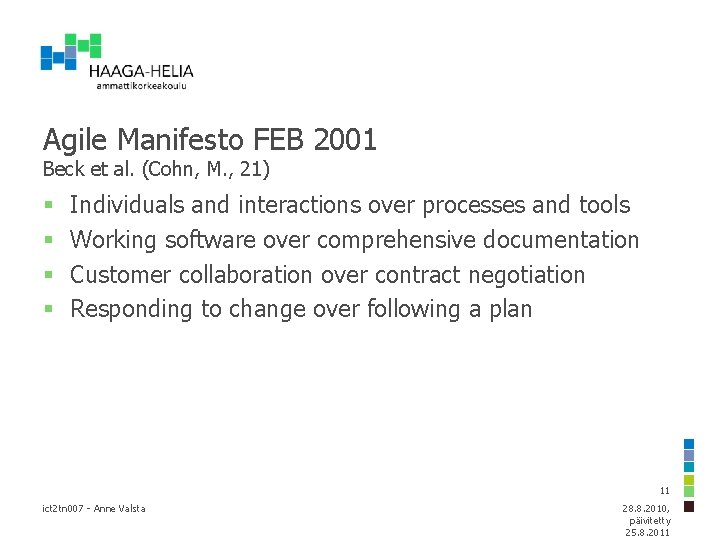 Agile Manifesto FEB 2001 Beck et al. (Cohn, M. , 21) § § Individuals