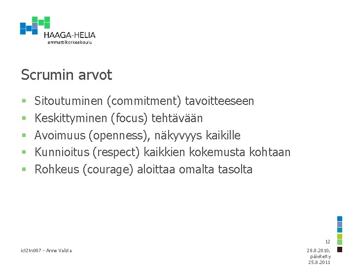 Scrumin arvot § § § Sitoutuminen (commitment) tavoitteeseen Keskittyminen (focus) tehtävään Avoimuus (openness), näkyvyys