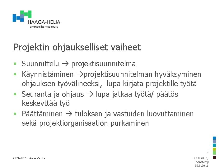 Projektin ohjaukselliset vaiheet § Suunnittelu projektisuunnitelma § Käynnistäminen projektisuunnitelman hyväksyminen ohjauksen työvälineeksi, lupa kirjata